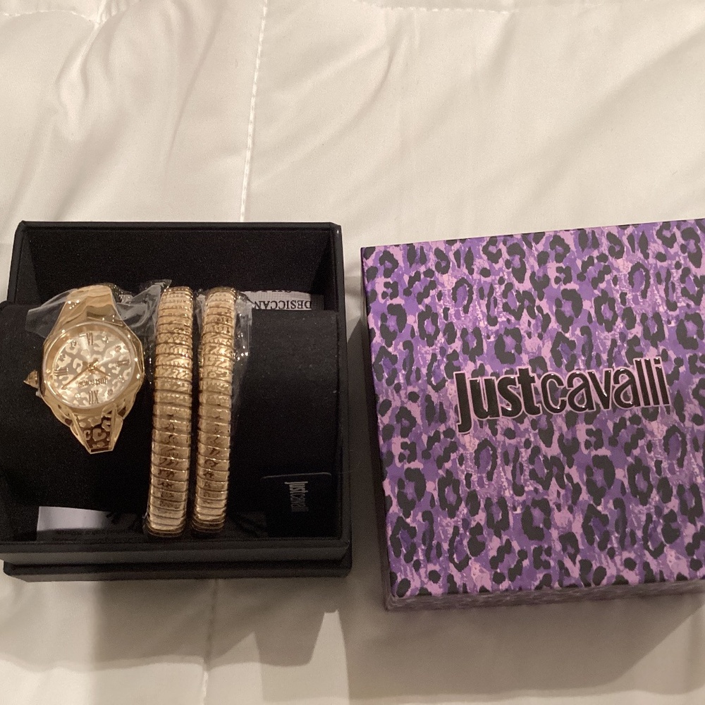 New With Tags Just Cavalli Watch Two-Tone Stainless Steel & Crystal Wrap 2MM